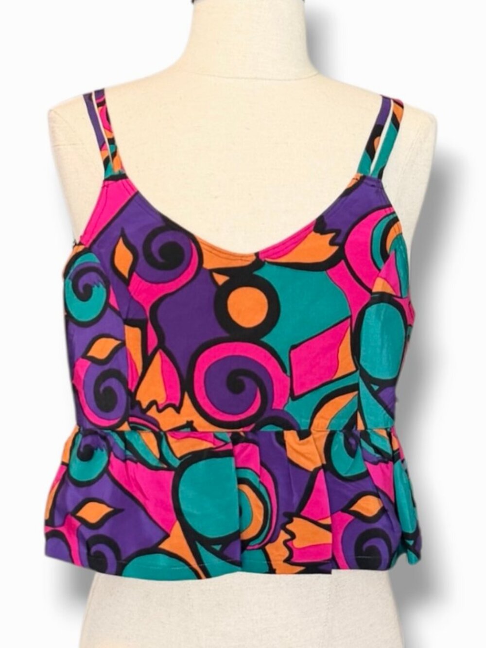 Handmade Bright Retro Multicolored Print Peplum Crop Top Tie Back Cami